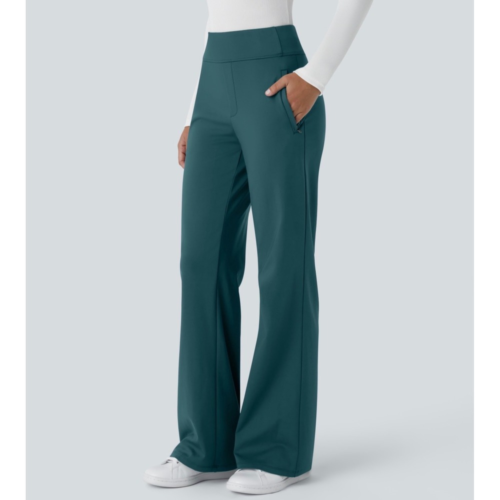Halara DayStretch Mid Rise Side Zipper Pocket Work Flare Pants Teal Petite M